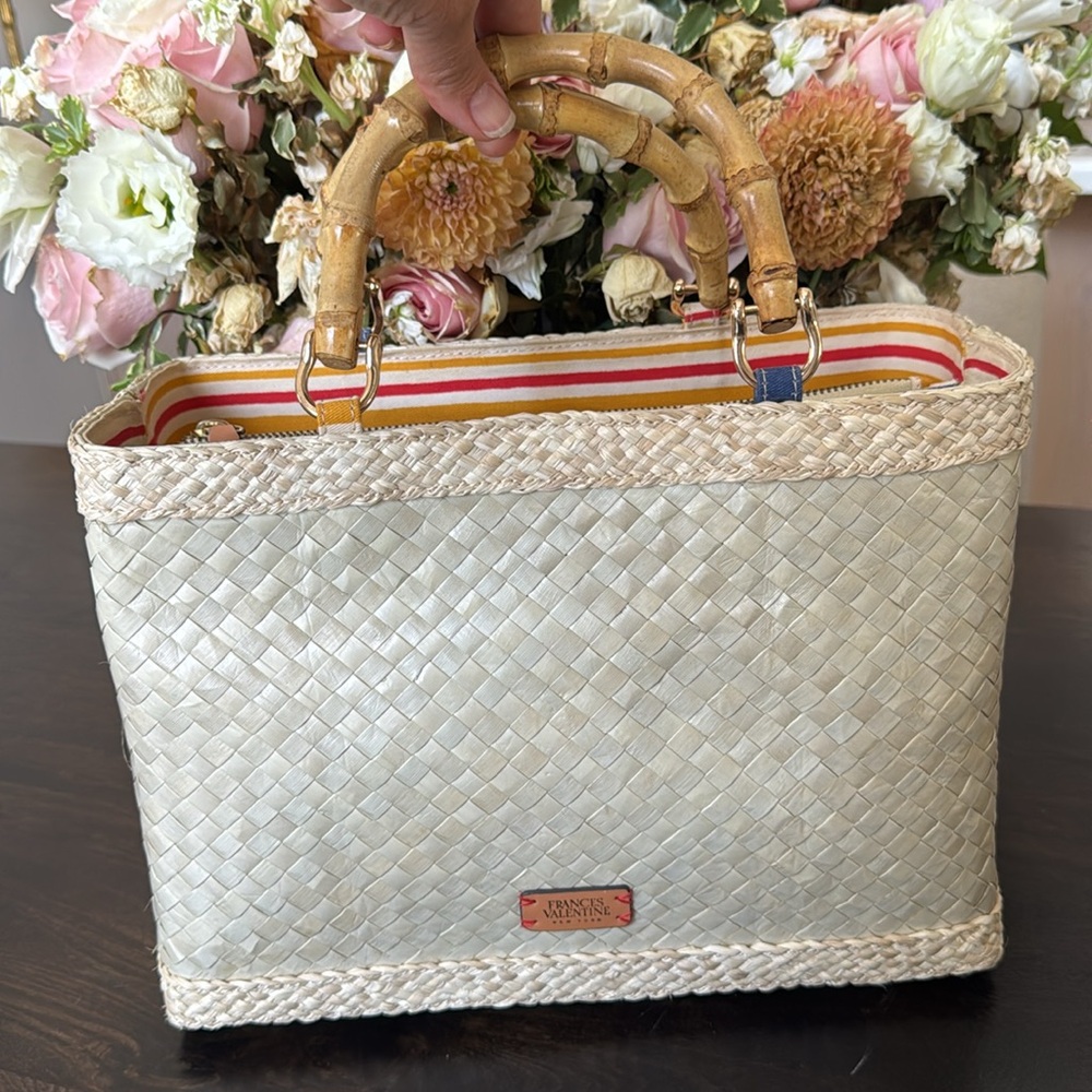 Frances Valentine Bamboo Handle Woven Tote Bag – Striped Interior